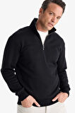 Regular Fit Dik Yaka Yarım Fermuarlı İçi Yumuşak Tüylü Basic Düz Sweatshirt
