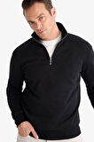 Regular Fit Dik Yaka Yarım Fermuarlı İçi Yumuşak Tüylü Basic Düz Sweatshirt