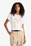 Bisiklet Yaka Çiçekli Kısa Kollu Tişört