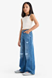 Kız Çocuk Wide Leg Yırtık Detaylı Geniş Paça Jean Pantolon