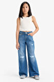 Kız Çocuk Wide Leg Yırtık Detaylı Geniş Paça Jean Pantolon