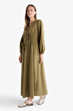 V Yaka Poplin Önden Bağlamalı Uzun KolluMaxi  Elbise