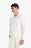 Regular Fit Dik Yaka Yarım Fermuarlı İçi Yumuşak Tüylü Basic Düz Sweatshirt
