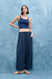 Balloon Fit Çift Cepli Normal Bel Crop Keten Karışımlı Pantolon