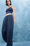 Balloon Fit Çift Cepli Normal Bel Crop Keten Karışımlı Pantolon
