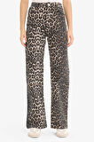 Straight Fit Yüksek Bel Leopar Desenli Uzun Boy Gabardin Pantolon
