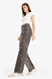 Straight Fit Yüksek Bel Leopar Desenli Uzun Boy Gabardin Pantolon