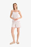 Regular Fit Pijama Takımı Desenli Askılı Pijama Üstü Esnek Belli Şort Pijama Altı-Fall in Love