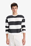 Boxy Fit Bisiklet Yaka Çizgili Sweatshirt