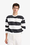 Boxy Fit Bisiklet Yaka Çizgili Sweatshirt