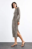 Leopar Desenli Twill Uzun Kollu Midi Elbise
