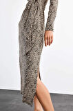 Leopar Desenli Twill Uzun Kollu Midi Elbise