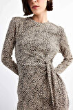 Leopar Desenli Twill Uzun Kollu Midi Elbise