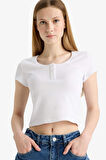 Coool Fitted Yuvarlak Yaka Fitilli Kaşkorse Kısa Kollu Beyaz Tişört