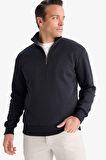 Regular Fit Dik Yaka Yarım Fermuarlı İçi Yumuşak Tüylü Basic Düz Sweatshirt