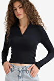 Fitted Polo Yaka Basic Düz Modal Uzun Kollu Siyah Tişört