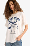 Oversize Geniş Kalıp Bisiklet Yaka Baskılı Kısa Kollu Tişört