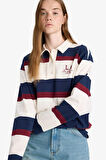 Oversize Geniş Kalıp Polo Yaka Çizgili Baskılı Sweatshirt 