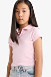 Kız Çocuk Slim Fit Dar Kesim Polo Yaka Fitilli Kaşkorse Kısa Kollu Tişört