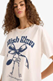 Oversize Geniş Kalıp Bisiklet Yaka Baskılı Kısa Kollu Tişört