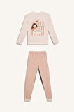 Kız Çocuk Pijama Takımı Baskılı Uzun Kollu Üst Çizgili Uzun Alt