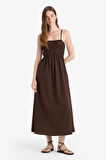 Keten Görünümlü Askılı Maxi Elbise