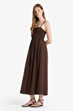 Keten Görünümlü Askılı Maxi Elbise