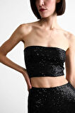 Crop Payetli Siyah Straplez Bluz