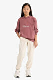 Kız Çocuk Oversize Geniş Kalıp Kapüşonlu Sırt Baskılı Sweatshirt