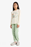 Kız Çocuk Pijama Takımı Baskılı Uzun Kollu Üst Desenli Uzun Alt
