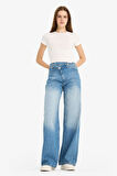 Wide Leg Yüksek Bel Uzun Jean Yıkamalı Pantolon