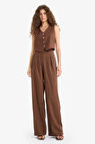 Wide Leg Çift Cepli Yüksek Bel Standart Boy Keten Karışımlı Pantolon