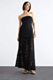 Slim Fit Dantel Maxi Siyah Etek