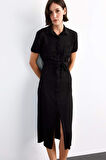 Gömlek Yaka Kemerli Kısa Kollu Midi Elbise
