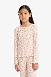 Kız Çocuk Pijama Takımı Fitilli Kaşkorse Kalp Desenli Uzun Kollu Üst Uzun Alt