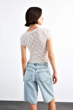 Fitted Bisiklet Yaka Dantel Kısa Kollu Tişört