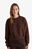 Boxy Fit Bisiklet Yaka İşlemeli Kalın Sweatshirt Kumaşı Sweatshirt