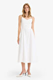 V Yaka Poplin Askılı Midi Elbise