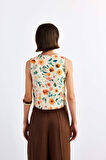Fitted Çiçek Desenli Önden Bağlamalı Poplin Yelek