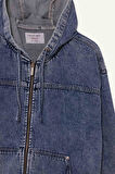 Oversize Geniş Kalıp Kapüşonlu Fermuarlı Denim Ceket