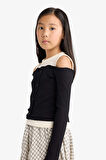 Kız Çocuk Slim Fit Dar Kesim Omzu Açık Fitilli Kaşkorse Uzun Kollu Tişört 