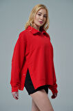 Daily Core - Kırmızı Oversize Yarım Fermuarlı Sweatshirt