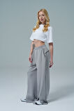 Soft Touch Premium Slit Palazzo Pants - Gri Yüksek Bel Modal Kumaşlı Yırtmaçlı Kadın Palazzo Bol Paça Eşofman Altı