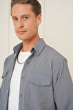G 1565 Comfort Fit Yan Cep Çıtçıtlı Esnek Pamuk Gri Gömlek Ceket
