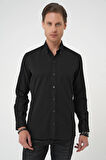 Gk 739 Slim Fit Dokulu Düğmeli Yaka Pamuklu Klasik Siyah Gömlek