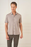 G 1573 Comfort Fit Spor Yaka Kısa Kol Esnek Pamuk Vizon Gömlek