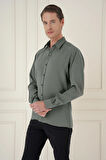 Gk 743 Slim Fit %100 Modal Uzun Kol Klasik Haki Gömlek 