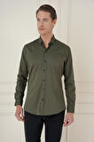 Gk 746 Slim Fit Düğmeli Yaka Esnek Klasik Haki Gömlek 