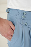P 1172 Comfort Fit Beli Tokalı Çift Pileli Havacı Mavi Jogger Pantolon