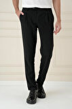 P 1174 Comfort Fit Gofre Dokulu Beli Lastikli Pileli Siyah Jogger Pantolon